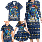 Personalized Parramatta Eels Christmas Family Matching Long Sleeve Bodycon Dress and Hawaiian Shirt Australian Rugby Fans - Pixelated Ugly Xmas Pattern Mascot Santa