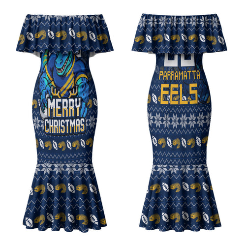 Personalized Parramatta Eels Christmas Family Matching Mermaid Dress and Hawaiian Shirt Australian Rugby Fans - Pixelated Ugly Xmas Pattern Mascot Santa