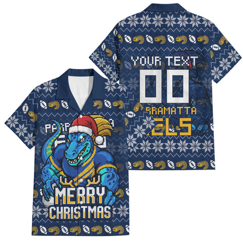 Personalized Parramatta Eels Christmas Family Matching Mermaid Dress and Hawaiian Shirt Australian Rugby Fans - Pixelated Ugly Xmas Pattern Mascot Santa