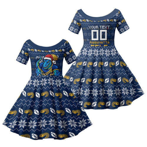 Personalized Parramatta Eels Christmas Family Matching Mermaid Dress and Hawaiian Shirt Australian Rugby Fans - Pixelated Ugly Xmas Pattern Mascot Santa
