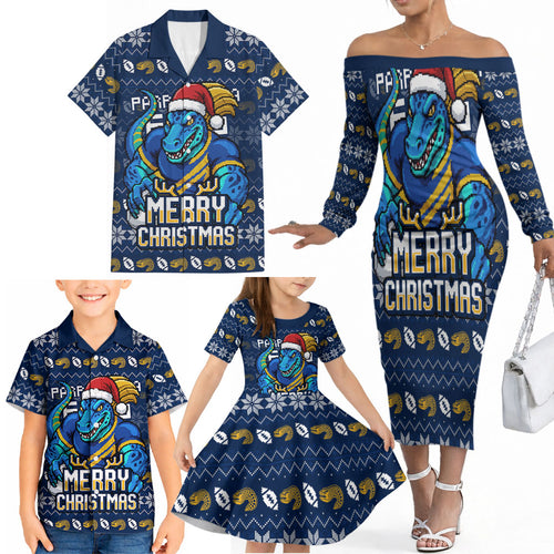 Personalized Parramatta Eels Christmas Family Matching Off The Shoulder Long Sleeve Dress and Hawaiian Shirt Australian Rugby Fans - Pixelated Ugly Xmas Pattern Mascot Santa