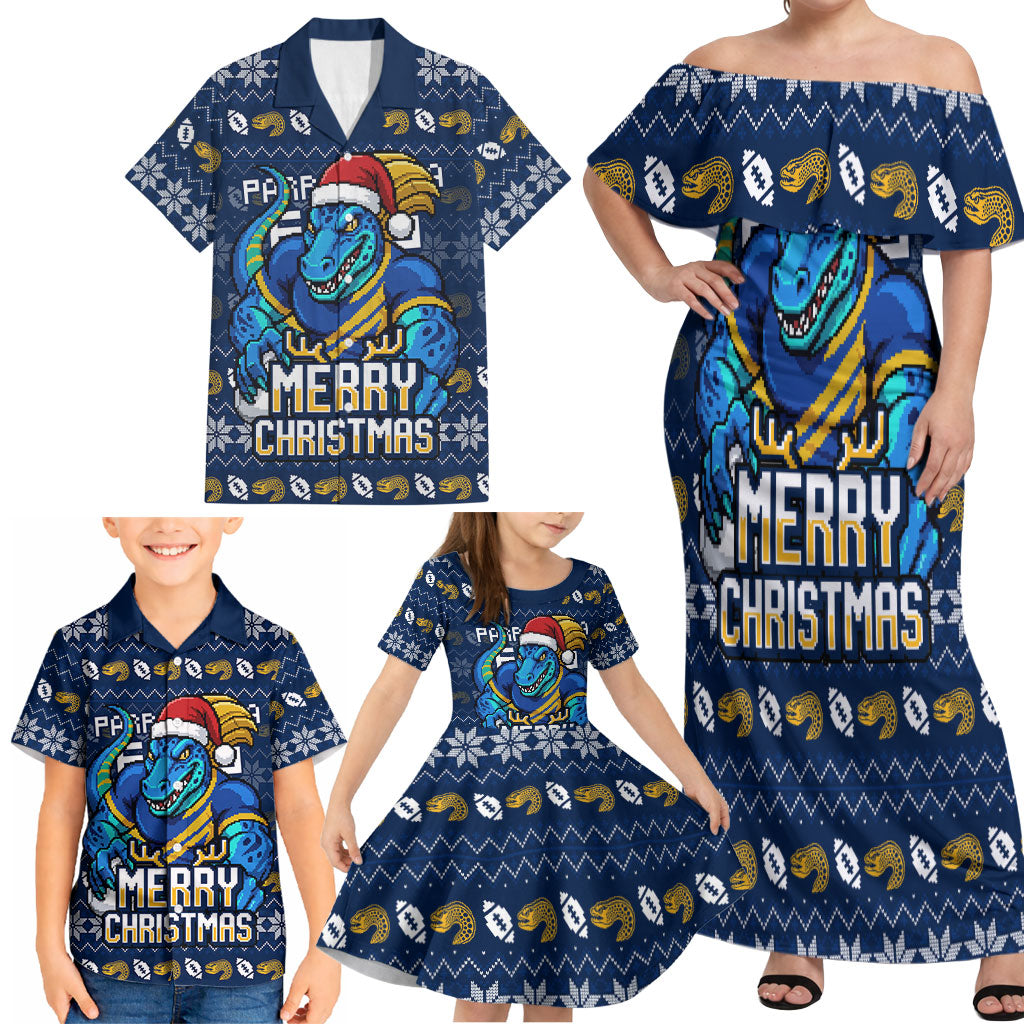 Personalized Parramatta Eels Christmas Family Matching Off Shoulder Maxi Dress and Hawaiian Shirt Australian Rugby Fans - Pixelated Ugly Xmas Pattern Mascot Santa