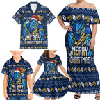 Personalized Parramatta Eels Christmas Family Matching Off Shoulder Maxi Dress and Hawaiian Shirt Australian Rugby Fans - Pixelated Ugly Xmas Pattern Mascot Santa