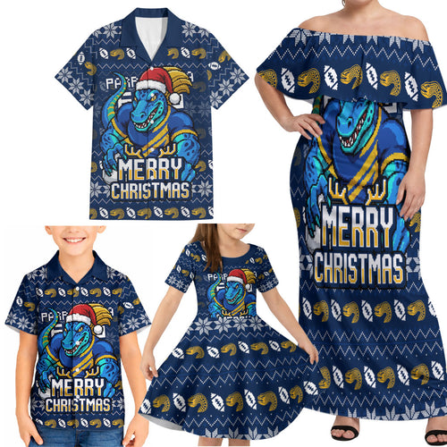 Personalized Parramatta Eels Christmas Family Matching Off Shoulder Maxi Dress and Hawaiian Shirt Australian Rugby Fans - Pixelated Ugly Xmas Pattern Mascot Santa