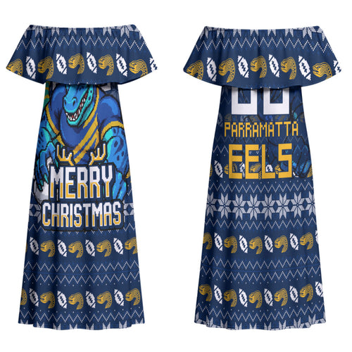 Personalized Parramatta Eels Christmas Family Matching Off Shoulder Maxi Dress and Hawaiian Shirt Australian Rugby Fans - Pixelated Ugly Xmas Pattern Mascot Santa