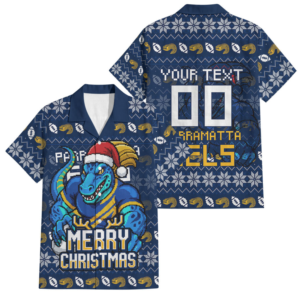 Personalized Parramatta Eels Christmas Family Matching Off Shoulder Maxi Dress and Hawaiian Shirt Australian Rugby Fans - Pixelated Ugly Xmas Pattern Mascot Santa