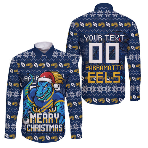 Personalized Parramatta Eels Christmas Family Matching Off Shoulder Maxi Dress and Hawaiian Shirt Australian Rugby Fans - Pixelated Ugly Xmas Pattern Mascot Santa