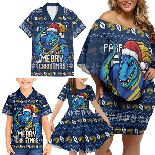 Personalized Parramatta Eels Christmas Family Matching Off Shoulder Short Dress and Hawaiian Shirt Australian Rugby Fans - Pixelated Ugly Xmas Pattern Mascot Santa