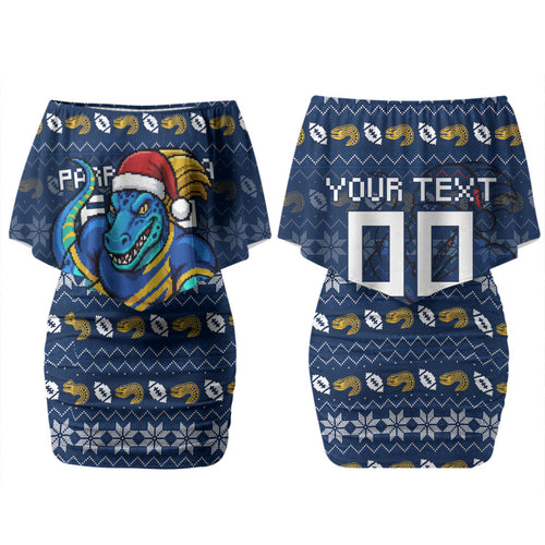 Personalized Parramatta Eels Christmas Family Matching Off Shoulder Short Dress and Hawaiian Shirt Australian Rugby Fans - Pixelated Ugly Xmas Pattern Mascot Santa