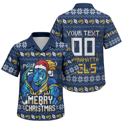 Personalized Parramatta Eels Christmas Family Matching Off Shoulder Short Dress and Hawaiian Shirt Australian Rugby Fans - Pixelated Ugly Xmas Pattern Mascot Santa