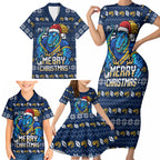 Personalized Parramatta Eels Christmas Family Matching Short Sleeve Bodycon Dress and Hawaiian Shirt Australian Rugby Fans - Pixelated Ugly Xmas Pattern Mascot Santa