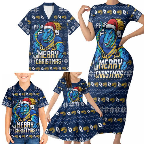 Personalized Parramatta Eels Christmas Family Matching Short Sleeve Bodycon Dress and Hawaiian Shirt Australian Rugby Fans - Pixelated Ugly Xmas Pattern Mascot Santa