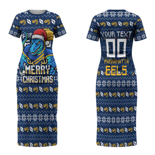Personalized Parramatta Eels Christmas Family Matching Short Sleeve Bodycon Dress and Hawaiian Shirt Australian Rugby Fans - Pixelated Ugly Xmas Pattern Mascot Santa