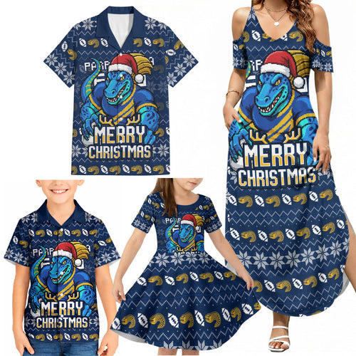 Personalized Parramatta Eels Christmas Family Matching Summer Maxi Dress and Hawaiian Shirt Australian Rugby Fans - Pixelated Ugly Xmas Pattern Mascot Santa