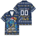 Personalized Parramatta Eels Christmas Family Matching Summer Maxi Dress and Hawaiian Shirt Australian Rugby Fans - Pixelated Ugly Xmas Pattern Mascot Santa