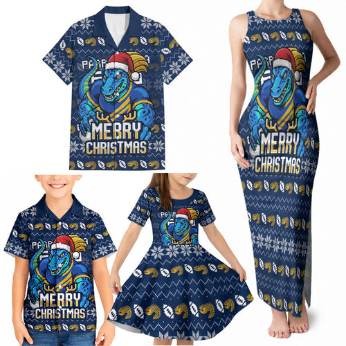 Personalized Parramatta Eels Christmas Family Matching Tank Maxi Dress and Hawaiian Shirt Australian Rugby Fans - Pixelated Ugly Xmas Pattern Mascot Santa