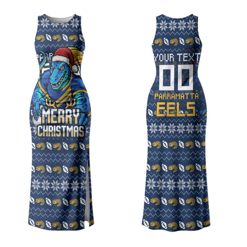 Personalized Parramatta Eels Christmas Family Matching Tank Maxi Dress and Hawaiian Shirt Australian Rugby Fans - Pixelated Ugly Xmas Pattern Mascot Santa