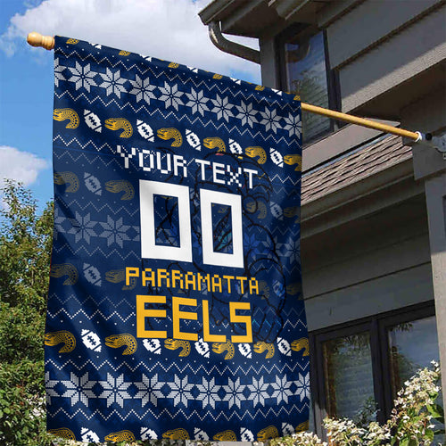 Personalized Parramatta Eels Christmas Garden Flag Australian Rugby Fans - Pixelated Ugly Xmas Pattern Mascot Santa