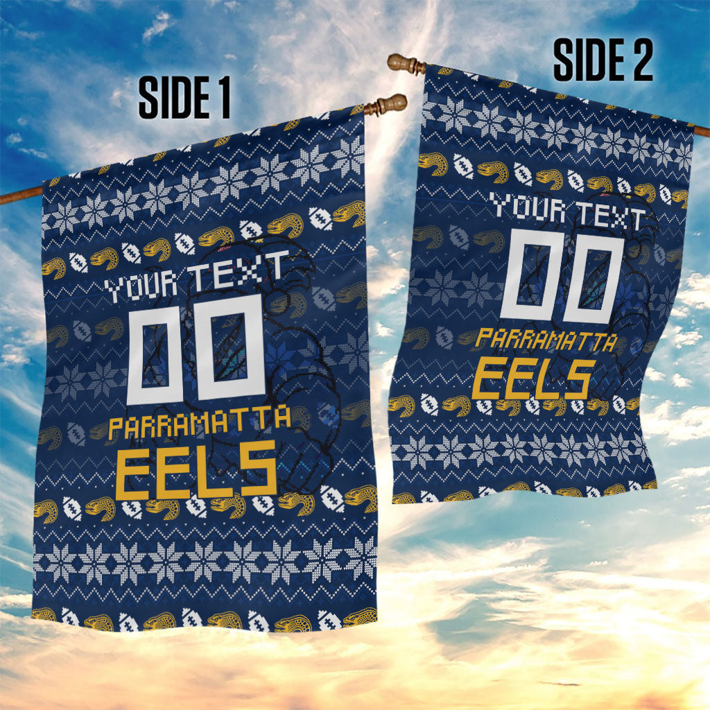 Personalized Parramatta Eels Christmas Garden Flag Australian Rugby Fans - Pixelated Ugly Xmas Pattern Mascot Santa