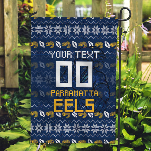 Personalized Parramatta Eels Christmas Garden Flag Australian Rugby Fans - Pixelated Ugly Xmas Pattern Mascot Santa