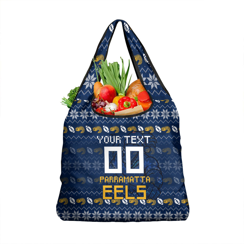 Personalized Parramatta Eels Christmas Grocery Bag Australian Rugby Fans - Pixelated Ugly Xmas Pattern Mascot Santa