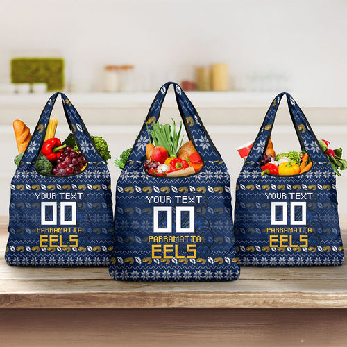 Personalized Parramatta Eels Christmas Grocery Bag Australian Rugby Fans - Pixelated Ugly Xmas Pattern Mascot Santa