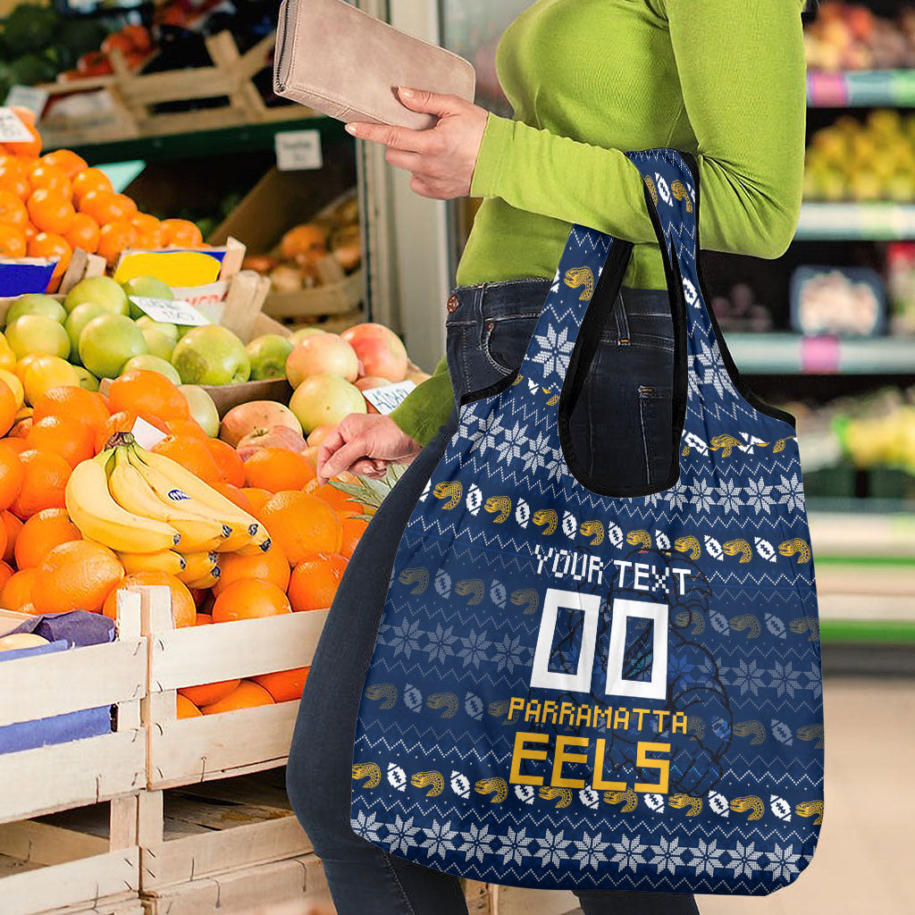 Personalized Parramatta Eels Christmas Grocery Bag Australian Rugby Fans - Pixelated Ugly Xmas Pattern Mascot Santa