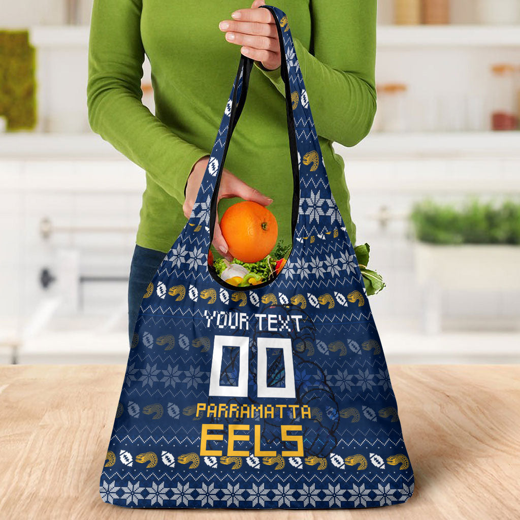 Personalized Parramatta Eels Christmas Grocery Bag Australian Rugby Fans - Pixelated Ugly Xmas Pattern Mascot Santa
