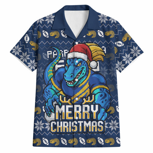 Personalized Parramatta Eels Christmas Hawaiian Shirt Australian Rugby Fans - Pixelated Ugly Xmas Pattern Mascot Santa