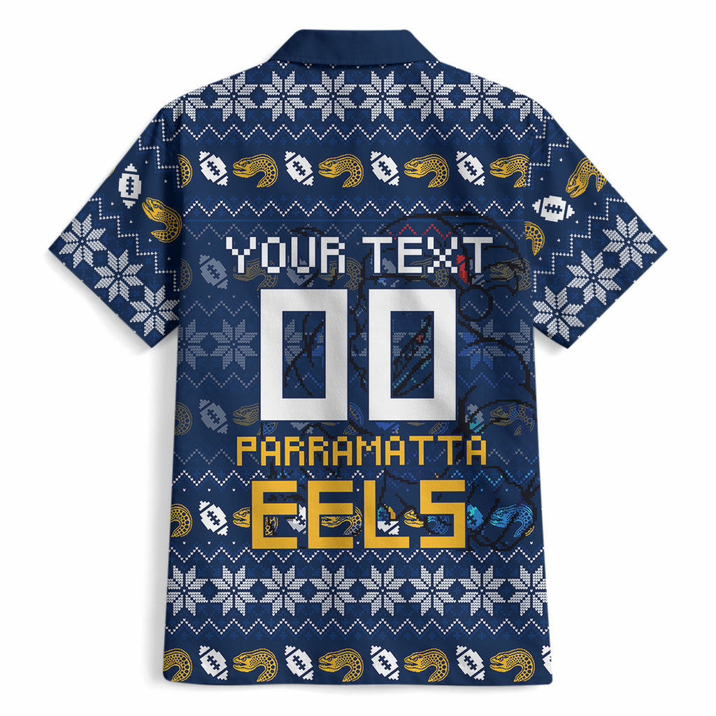 Personalized Parramatta Eels Christmas Hawaiian Shirt Australian Rugby Fans - Pixelated Ugly Xmas Pattern Mascot Santa
