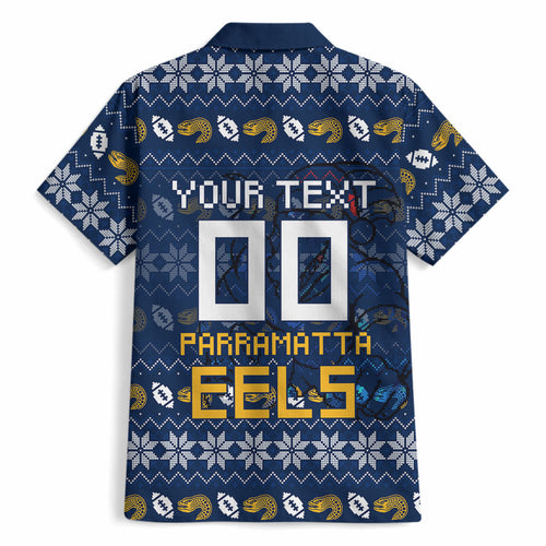 Personalized Parramatta Eels Christmas Hawaiian Shirt Australian Rugby Fans - Pixelated Ugly Xmas Pattern Mascot Santa