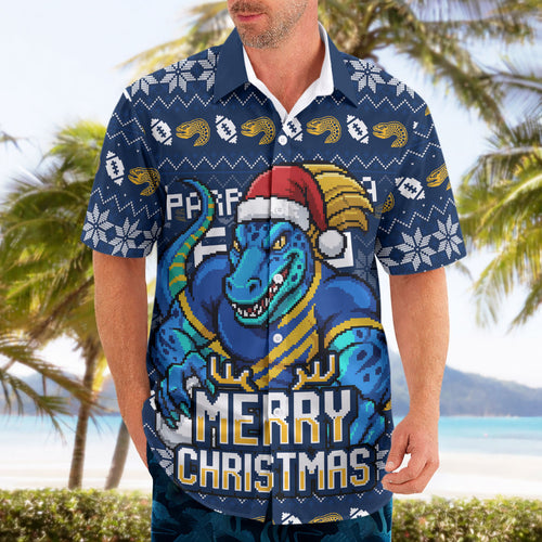 Personalized Parramatta Eels Christmas Hawaiian Shirt Australian Rugby Fans - Pixelated Ugly Xmas Pattern Mascot Santa