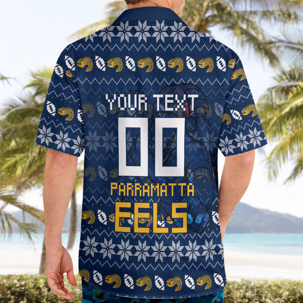 Personalized Parramatta Eels Christmas Hawaiian Shirt Australian Rugby Fans - Pixelated Ugly Xmas Pattern Mascot Santa