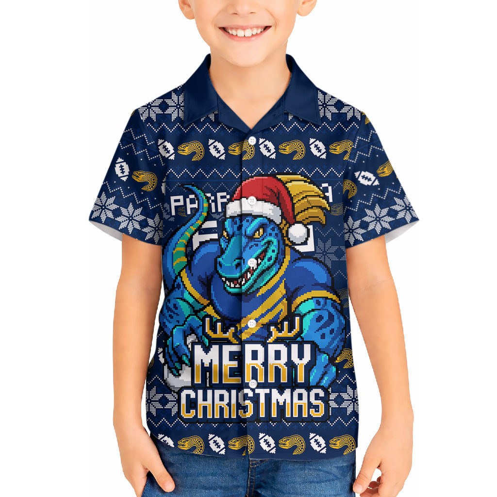 Personalized Parramatta Eels Christmas Hawaiian Shirt Australian Rugby Fans - Pixelated Ugly Xmas Pattern Mascot Santa