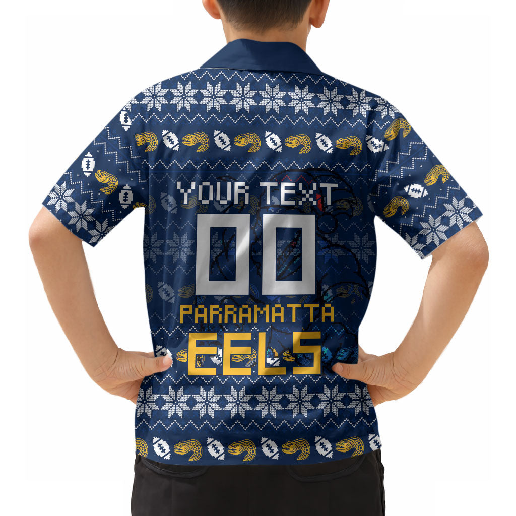 Personalized Parramatta Eels Christmas Hawaiian Shirt Australian Rugby Fans - Pixelated Ugly Xmas Pattern Mascot Santa