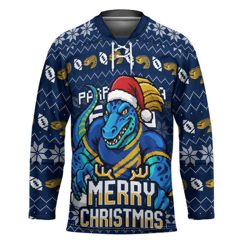 Personalized Parramatta Eels Christmas Hockey Jersey Australian Rugby Fans - Pixelated Ugly Xmas Pattern Mascot Santa