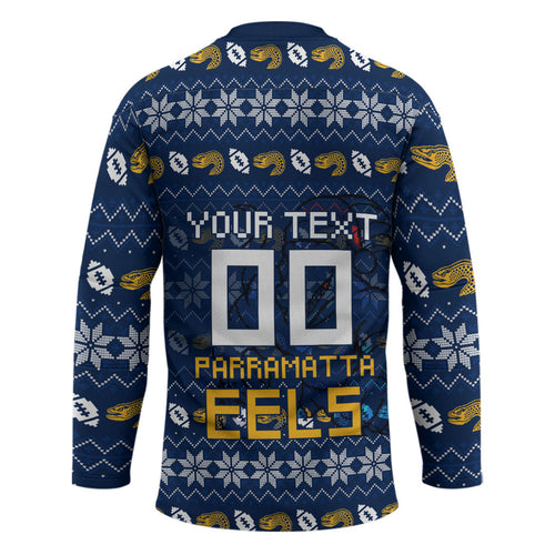 Personalized Parramatta Eels Christmas Hockey Jersey Australian Rugby Fans - Pixelated Ugly Xmas Pattern Mascot Santa