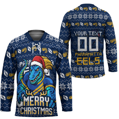 Personalized Parramatta Eels Christmas Hockey Jersey Australian Rugby Fans - Pixelated Ugly Xmas Pattern Mascot Santa