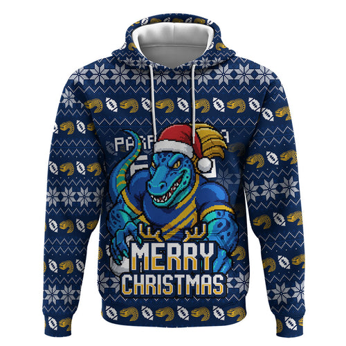 Personalized Parramatta Eels Christmas Hoodie Australian Rugby Fans - Pixelated Ugly Xmas Pattern Mascot Santa