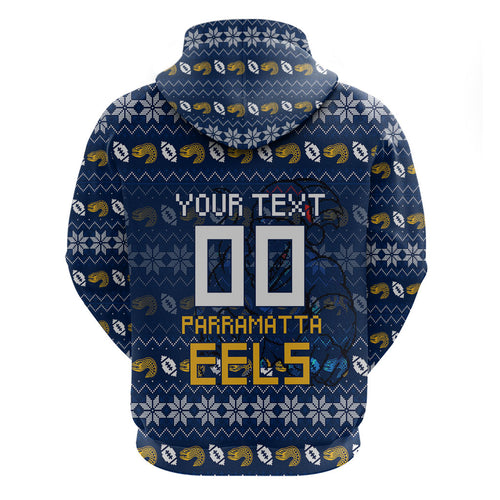 Personalized Parramatta Eels Christmas Hoodie Australian Rugby Fans - Pixelated Ugly Xmas Pattern Mascot Santa
