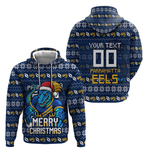Personalized Parramatta Eels Christmas Hoodie Australian Rugby Fans - Pixelated Ugly Xmas Pattern Mascot Santa