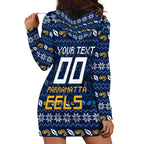 Personalized Parramatta Eels Christmas Hoodie Dress Australian Rugby Fans - Pixelated Ugly Xmas Pattern Mascot Santa