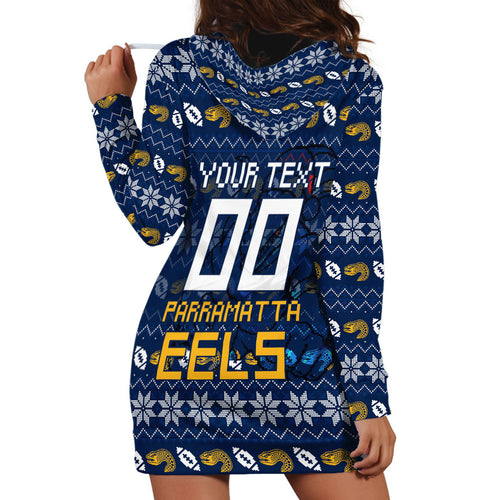 Personalized Parramatta Eels Christmas Hoodie Dress Australian Rugby Fans - Pixelated Ugly Xmas Pattern Mascot Santa