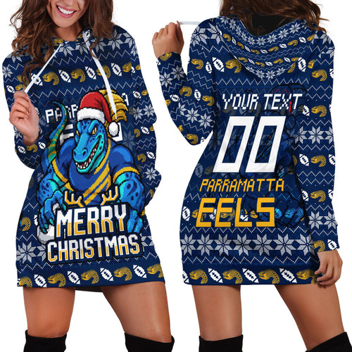 Personalized Parramatta Eels Christmas Hoodie Dress Australian Rugby Fans - Pixelated Ugly Xmas Pattern Mascot Santa