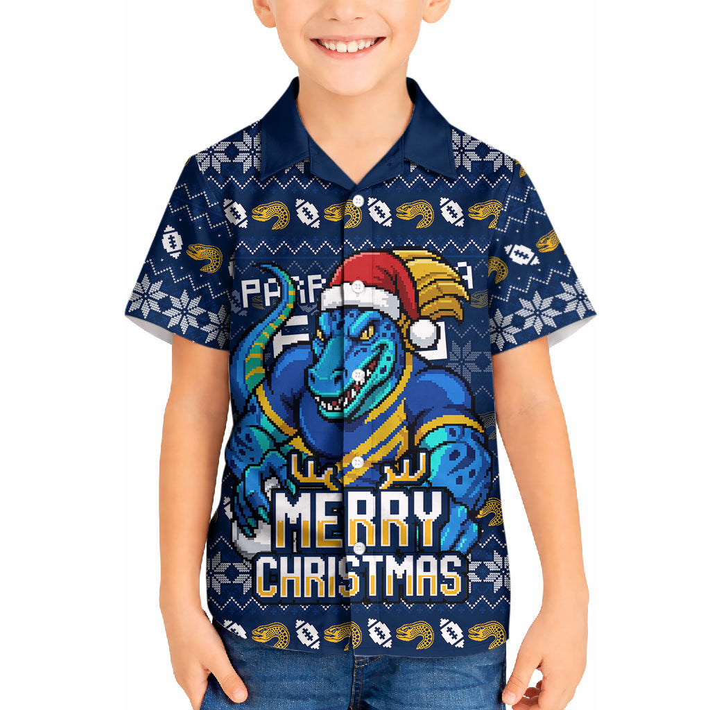 Personalized Parramatta Eels Christmas Kid Hawaiian Shirt Australian Rugby Fans - Pixelated Ugly Xmas Pattern Mascot Santa