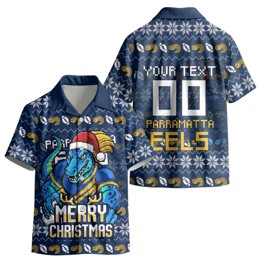 Personalized Parramatta Eels Christmas Kid Hawaiian Shirt Australian Rugby Fans - Pixelated Ugly Xmas Pattern Mascot Santa