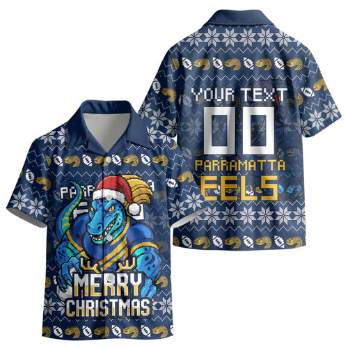 Personalized Parramatta Eels Christmas Kid Hawaiian Shirt Australian Rugby Fans - Pixelated Ugly Xmas Pattern Mascot Santa