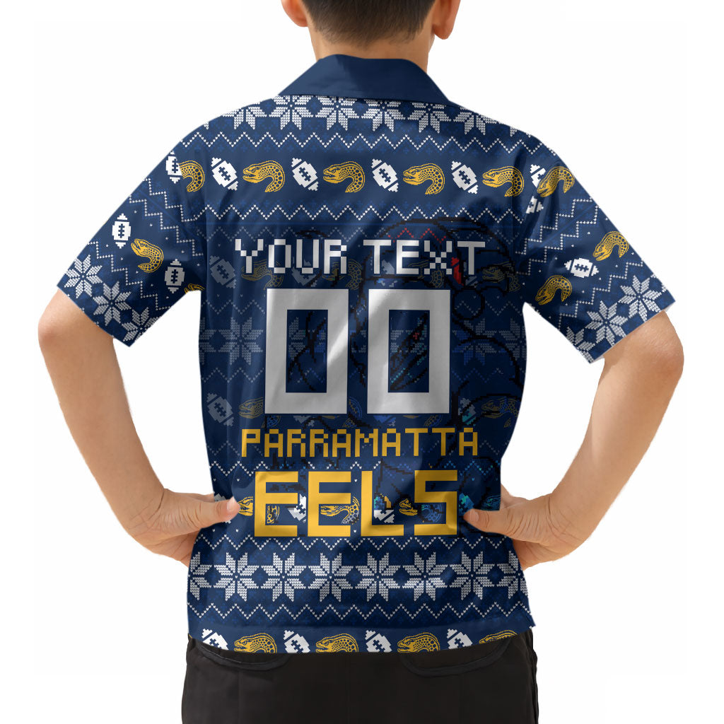 Personalized Parramatta Eels Christmas Kid Hawaiian Shirt Australian Rugby Fans - Pixelated Ugly Xmas Pattern Mascot Santa