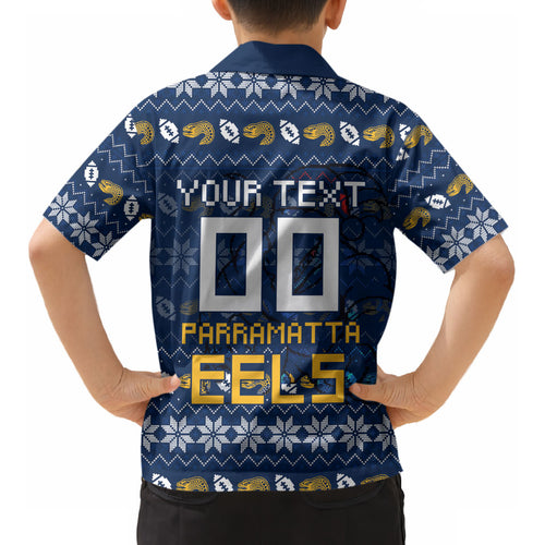 Personalized Parramatta Eels Christmas Kid Hawaiian Shirt Australian Rugby Fans - Pixelated Ugly Xmas Pattern Mascot Santa