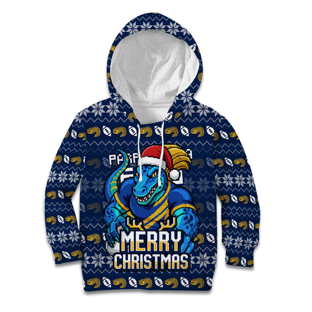 Personalized Parramatta Eels Christmas Kid Hoodie Australian Rugby Fans - Pixelated Ugly Xmas Pattern Mascot Santa